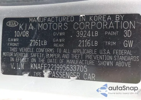 2009 Kia Spectra Ex z USA, uszkodzony, nr VIN KNAFE221995633705